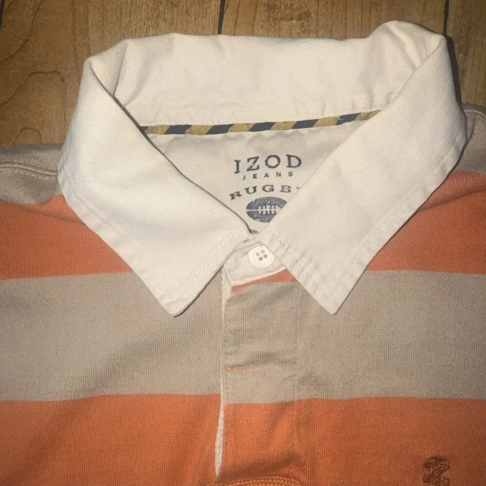 Vintage IZOD Rugby Shirt Mens XL Orange Tan Striped Preppy Heavy Streetwear Y2K